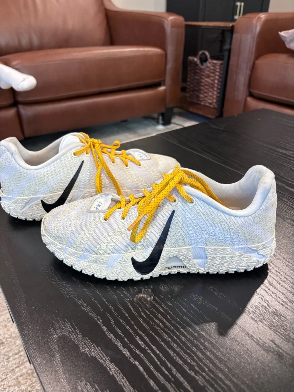 Nike Kids White Sneakers with Yellow Laces and Black Swoosh